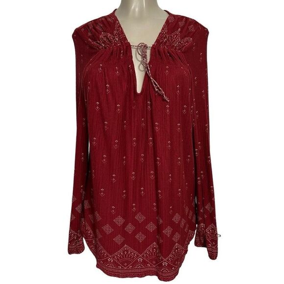 Lucky Brand Tops - Lucky Brand Brick Red Top Women’s Large Long Sleeve Boho Blouse Tassel Popover